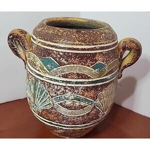 MCM Stoneware Vase Double Handle Shell decorated 6" Tall Vintage Pottery